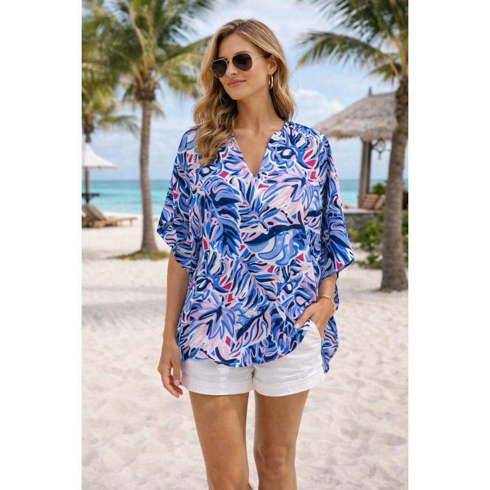 Simply Southern Tropical Print Tunic Top V Neck Flowy Beach Resort Blue Pink S